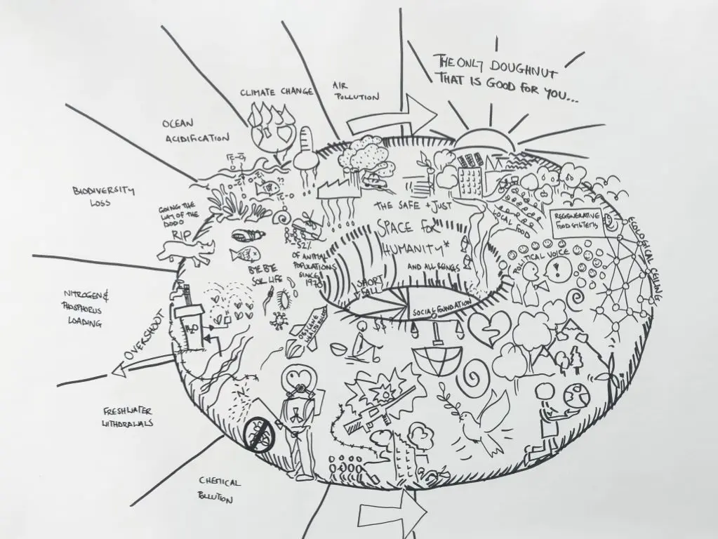 Hand-drawn diagram of doughnut economics